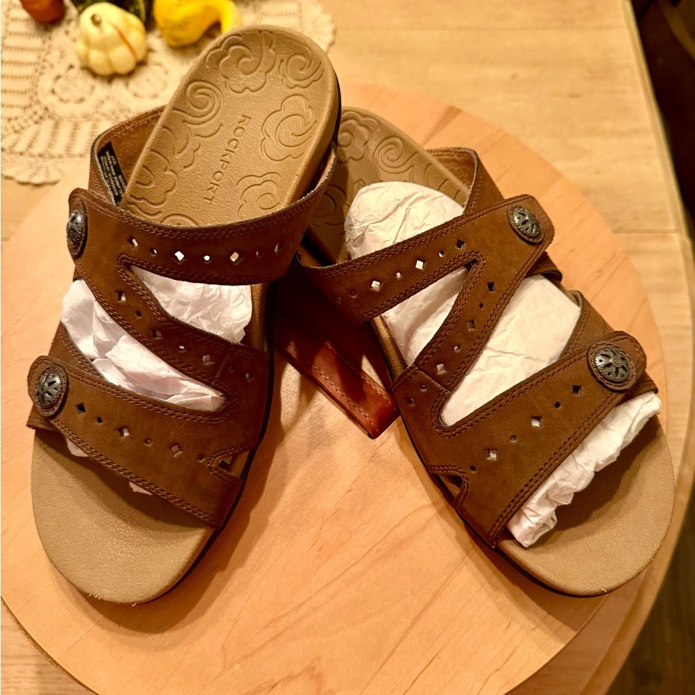 Rockport Brown Slide Sandals with Cutout Design
